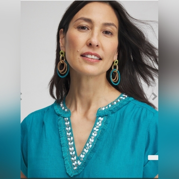 Chico's Women's Ecru 100% Linen Embellished Cap Sleeve Dress Sz 10 - Picture 4 of 15